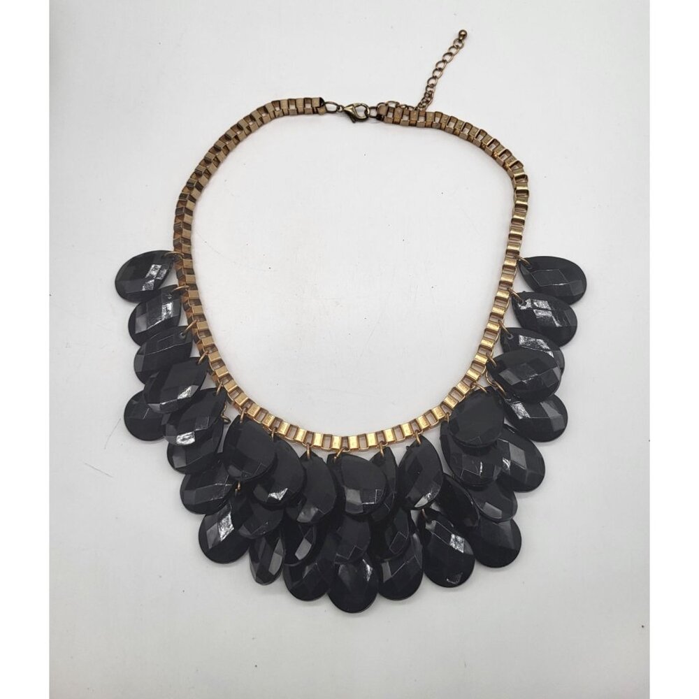 VTG Chunky Statement Necklace Black Acrylic Faceted Teardrop Beads Classic Goth